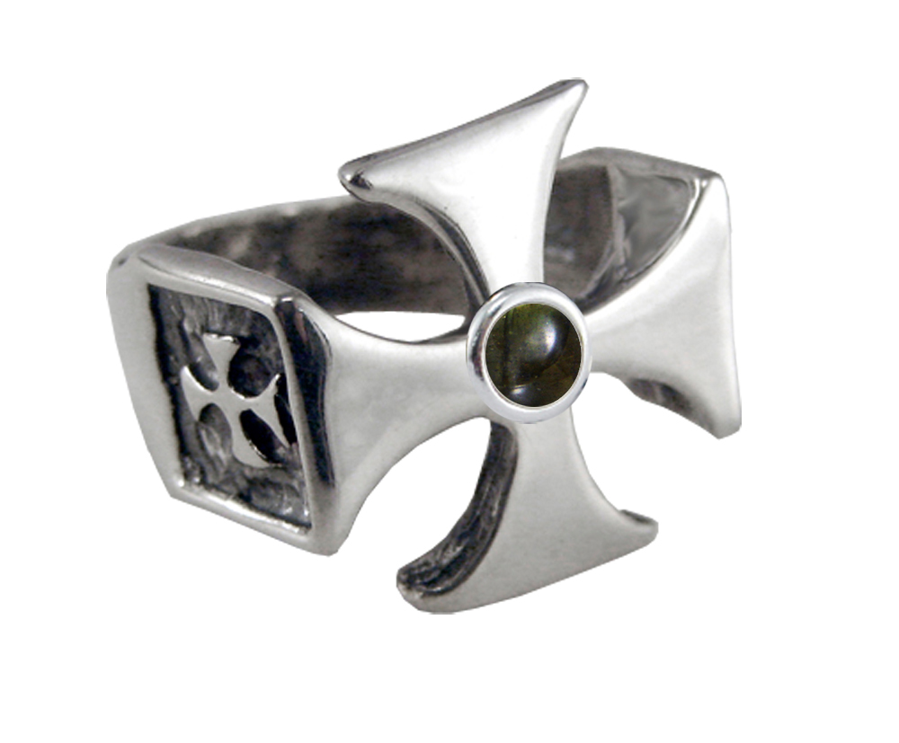 Sterling Silver Iron Cross Ring With Spectrolite For a Man or Woman Size 8